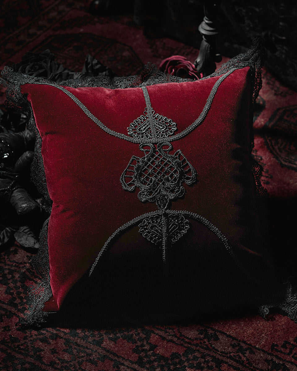 JZ-002 Gothic Home Lace Applique Filled Cushion - Red Velvet