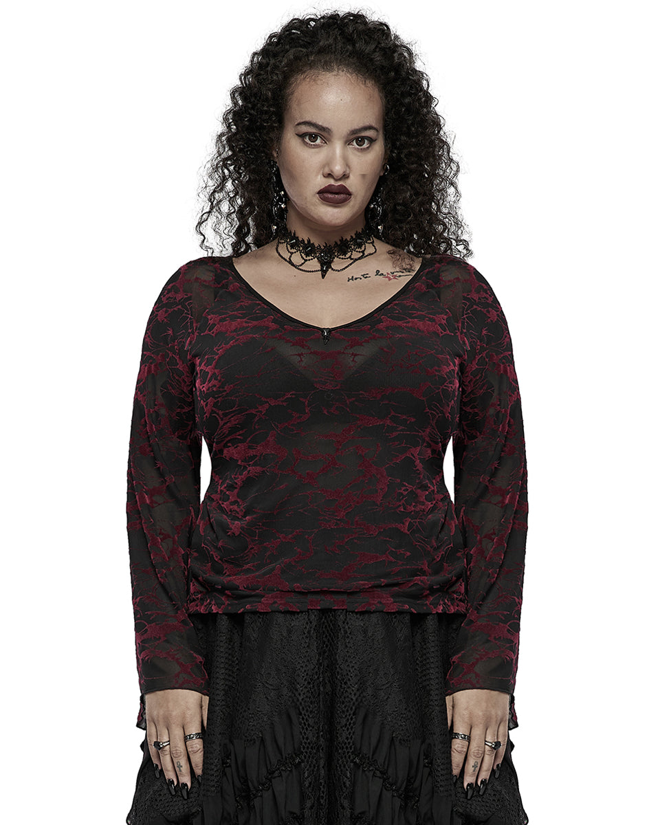 Black and Red Gothic Daily Wear V-Neck Mesh Plus Size T-Shirt for Women 
