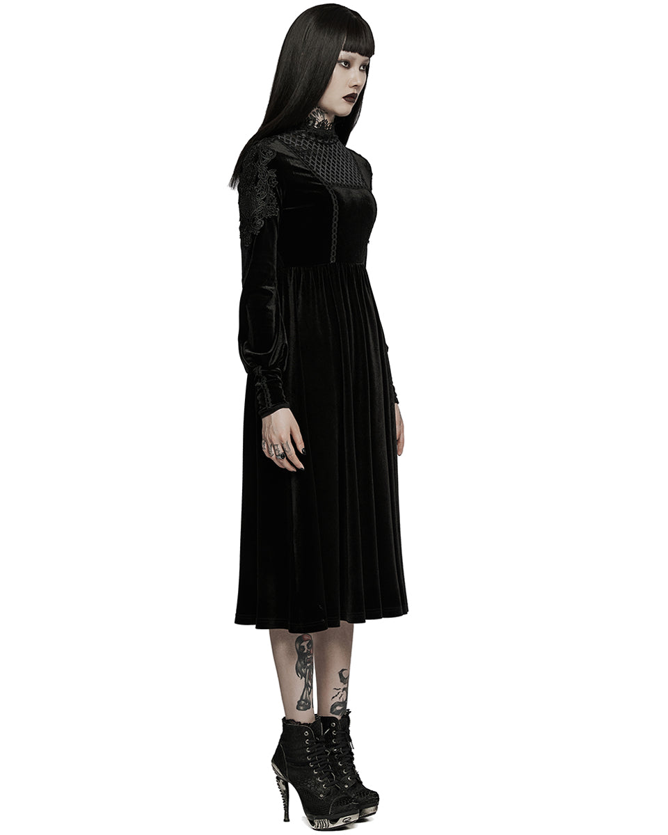 WQ-586 Womens Gothic Lace Applique Velvet Mourning Dress