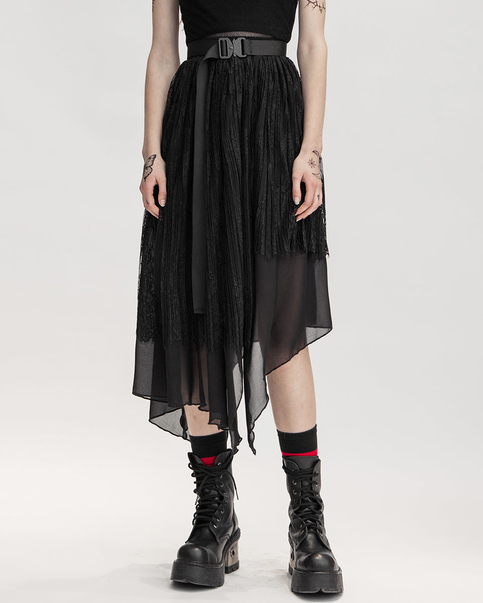 OPQ-1095 Daily Life Urban Occult Asymmetric Pleated Lace Skirt