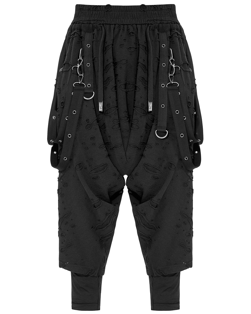 WK-525 Mens Apocalyptic Punk Broken Knit Drop Crotch Harem Pants