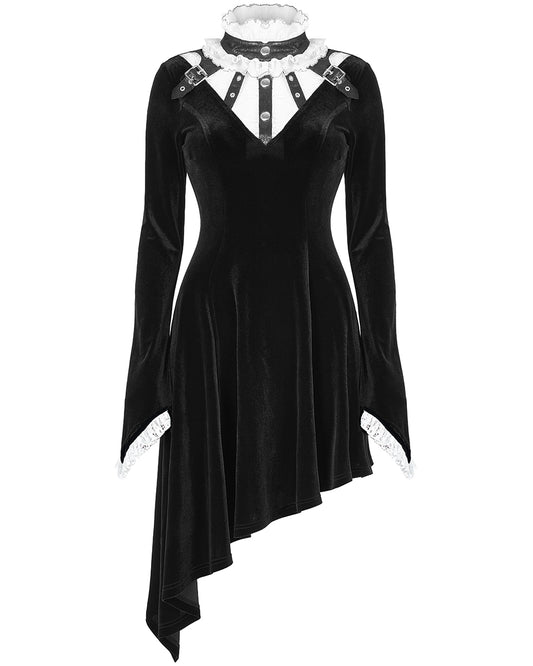 WQ-584 Womens Gothic Asymmetric Velvet Evening Dress - Black & White