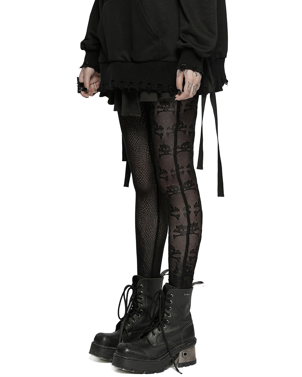 WK-521 Womens Gothic Split Leg Skull Mesh Leggings