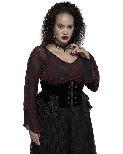 DT-731 Plus Size Womens Gothic Flocked Mesh Tunic Top - Black & Red