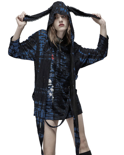 WT-710 Womens Broken Knit Shredded Bondage Top & Scarf Hood - Black & Blue