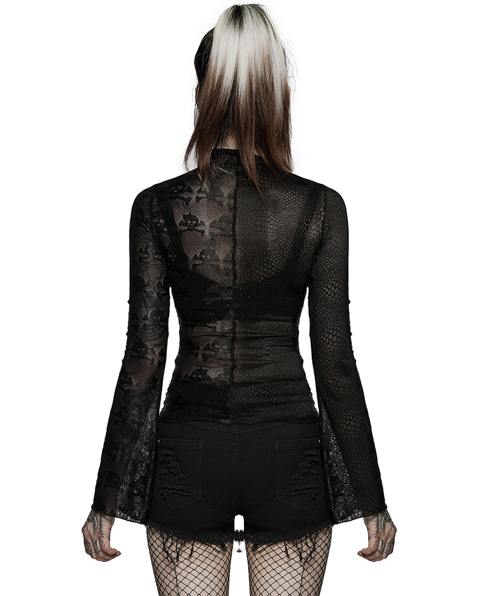 WT-727 Womens Gothic Split Sheer Skull Mesh Top