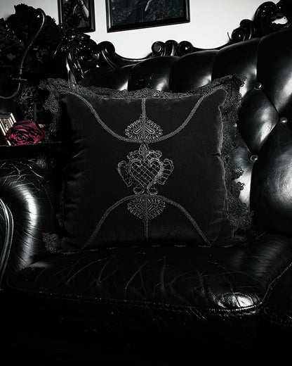 JZ-002 Gothic Home Lace Applique Filled Cushion - Black Velvet