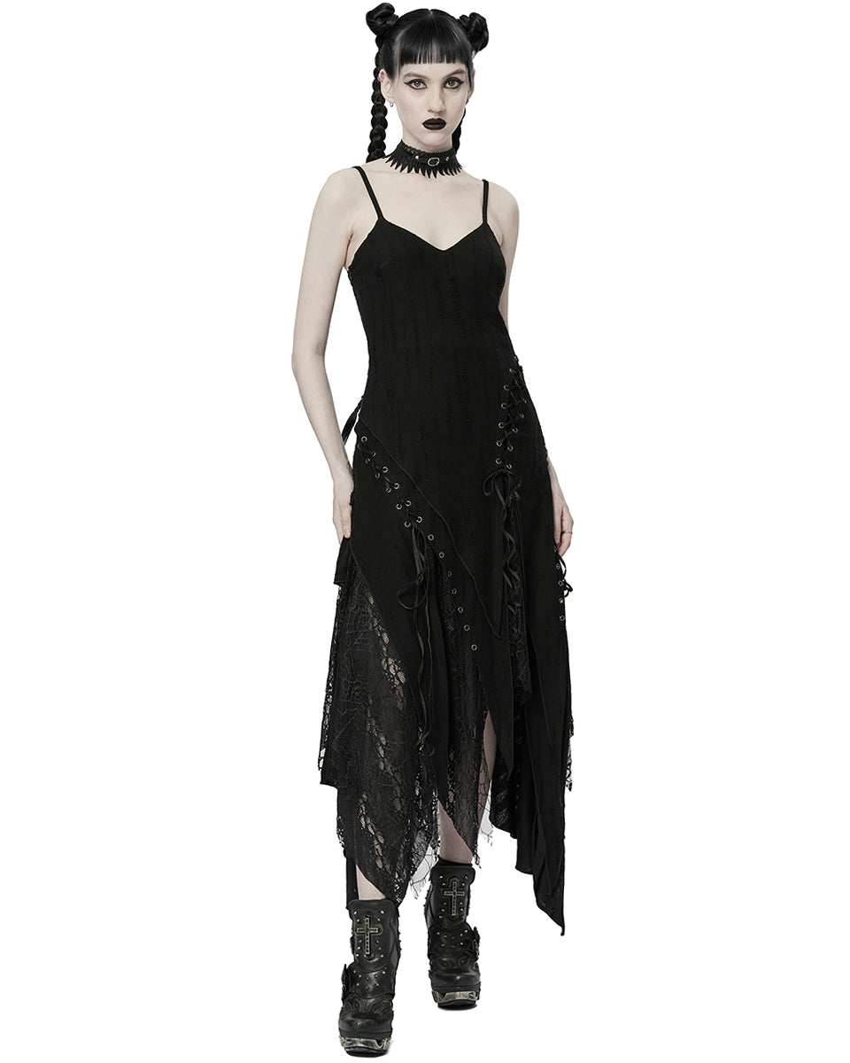 WQ-615 Womens Asymmetric Gothic Witch Cobweb Lace Maxi Dress