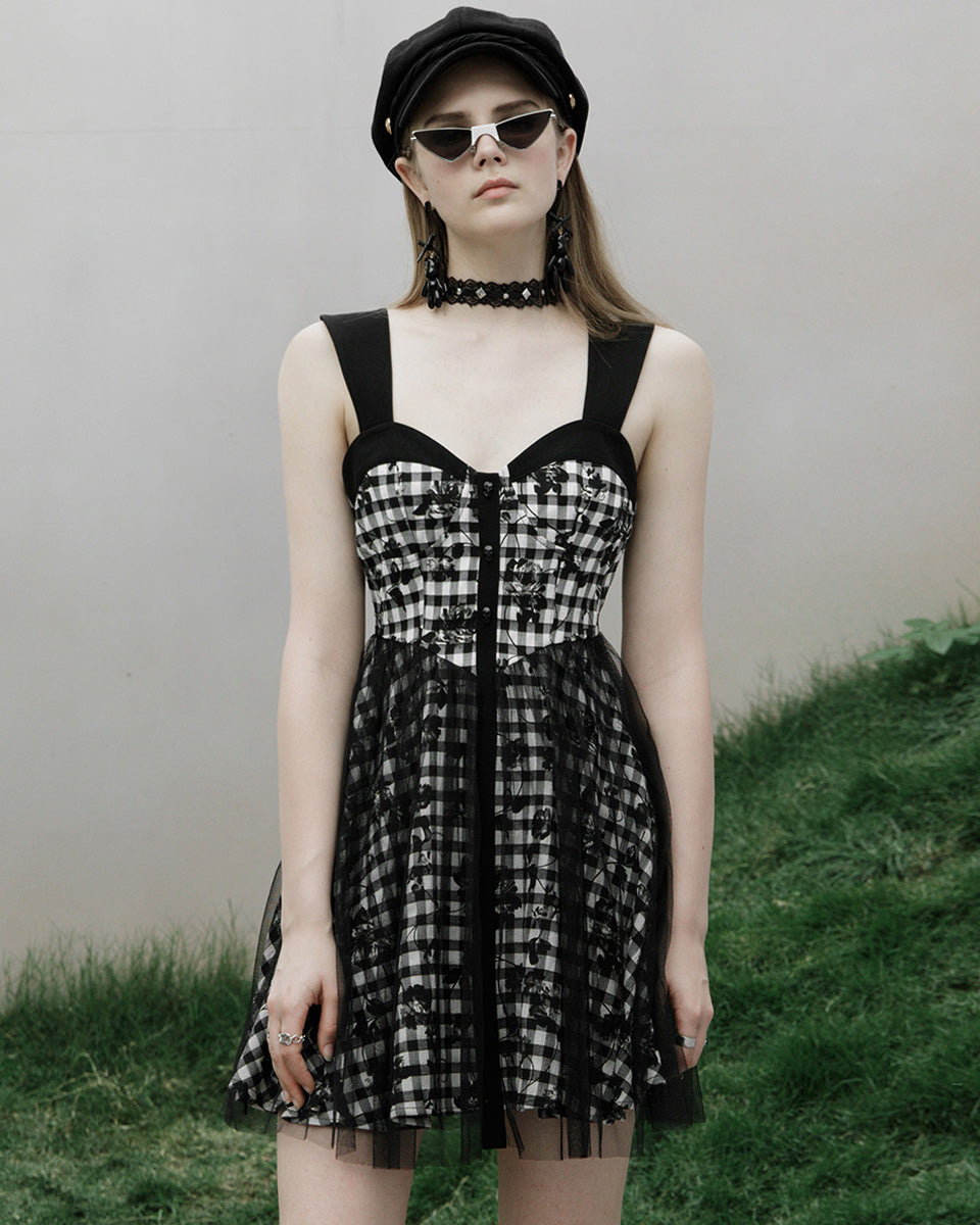 OPQ-1131 Daily Life SkullFlower Lolita Mini Dress - Black & White Plaid