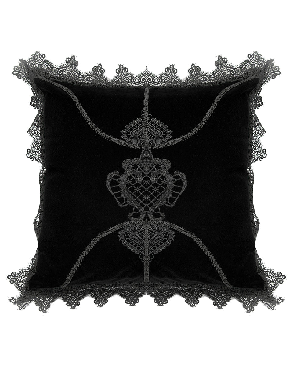 JZ-002 Gothic Home Lace Applique Filled Cushion - Black Velvet