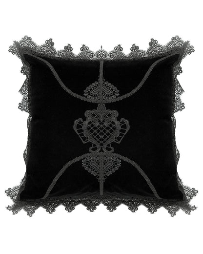 JZ-002 Gothic Home Lace Applique Filled Cushion - Black Velvet
