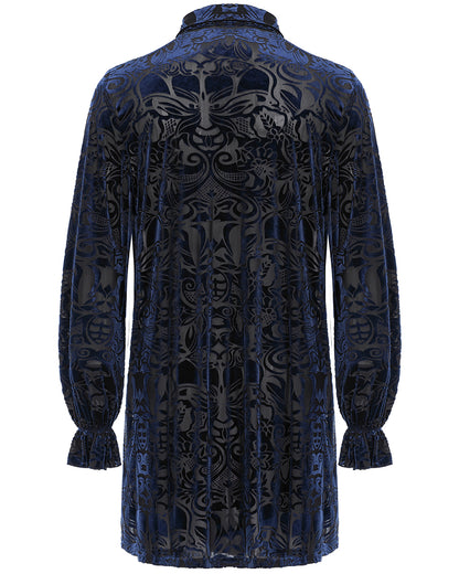 WY-1416 Mens Longline Baroque Gothic Velvet Flocked Shirt - Blue & Black