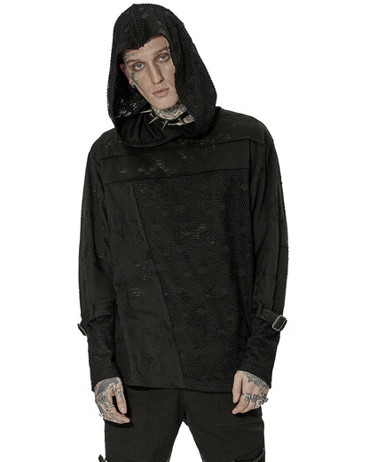 WT-738 Mens Apocalyptic Gothic Spliced Broken Knit Hooded Top