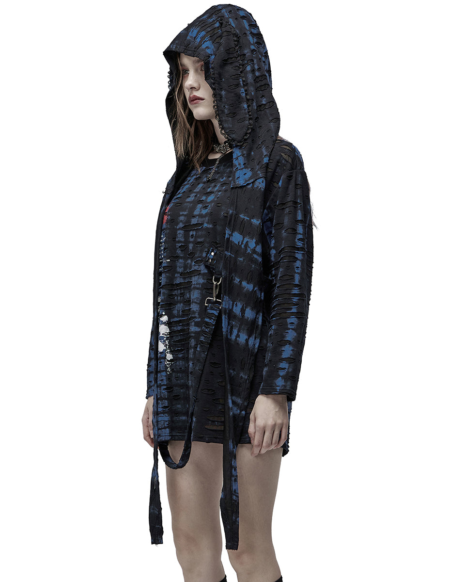 WT-710 Womens Broken Knit Shredded Bondage Top & Scarf Hood - Black & Blue