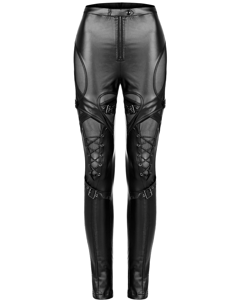 WK-490 Womens Gothic Cyberpunk Cutout Leggings - Black PU