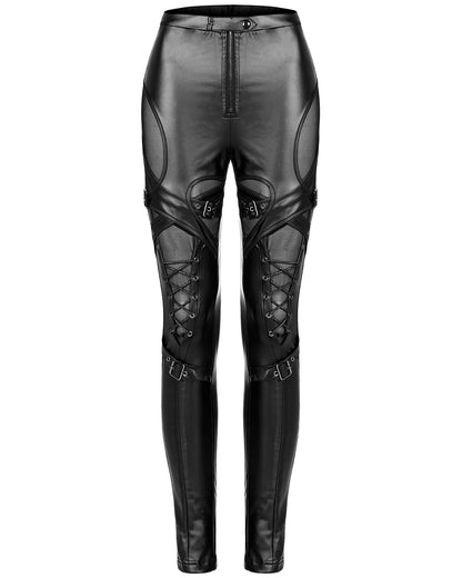 WK-490 Womens Gothic Cyberpunk Cutout Leggings - Black PU