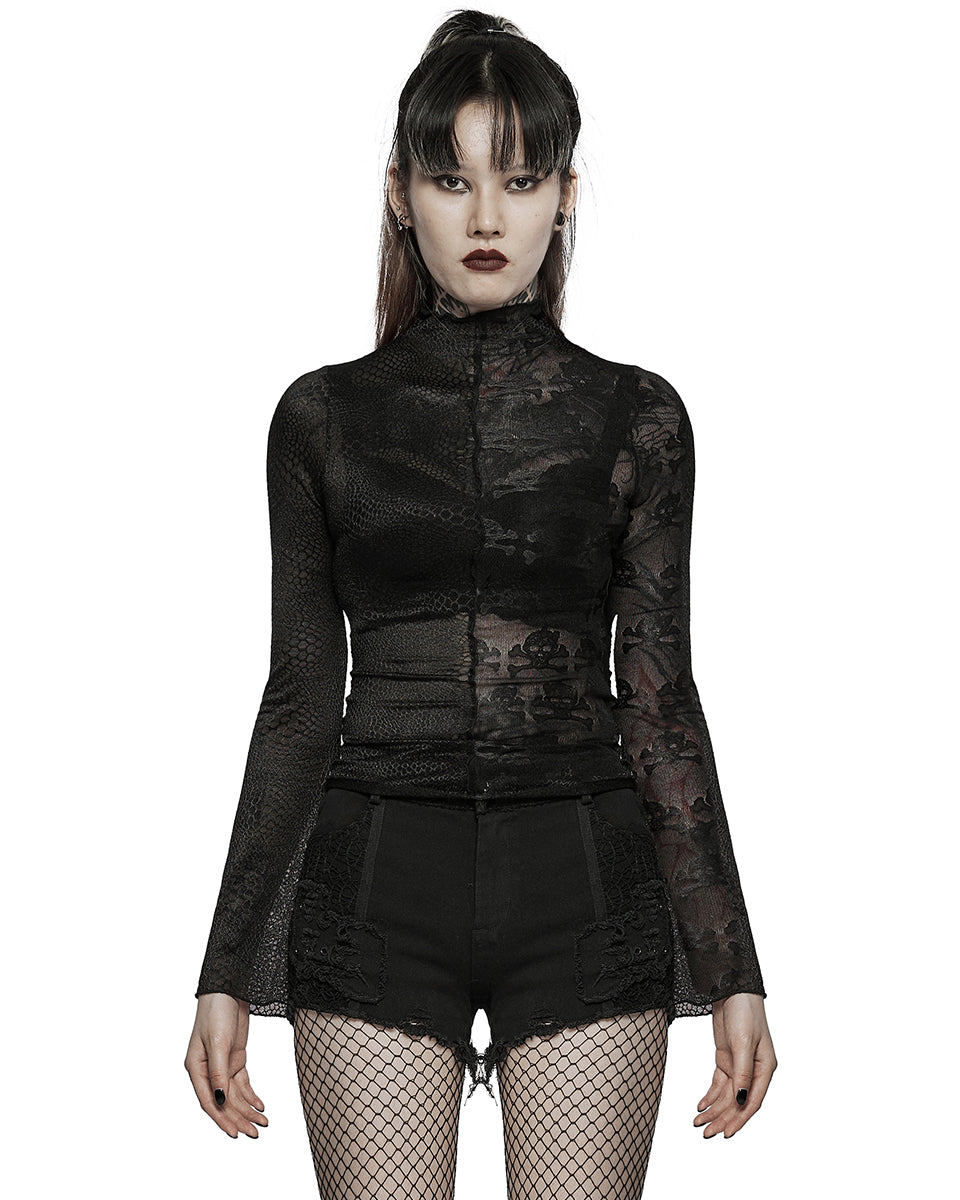 WT-727 Womens Gothic Split Sheer Skull Mesh Top