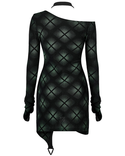 OQ-002 Daily Life Casual Dark Punk Plaid Printed Cyberpunk Dress - Black & Green