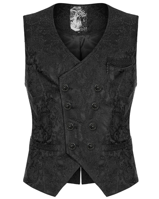WY-1436 Mens Dark Gothic Aristocrat Chained Waistcoat Vest - Black Jacquard